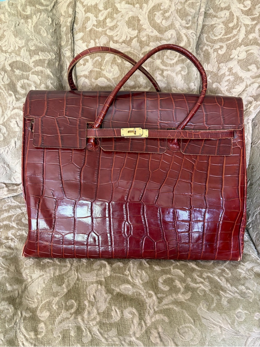 Croc-Embossed Oxblood Leather Tote /Valise with Top Handles